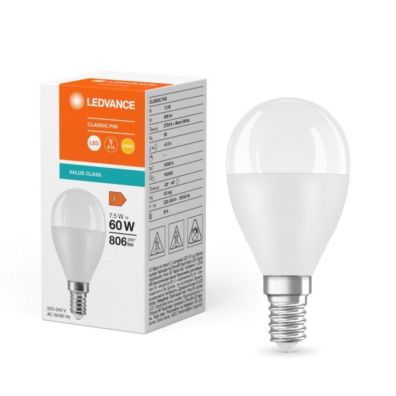 Ledvance E14 LED Tropfenlampe Classic matt 7,5W wie 60W 2700K warmweißes Licht - Value Class
